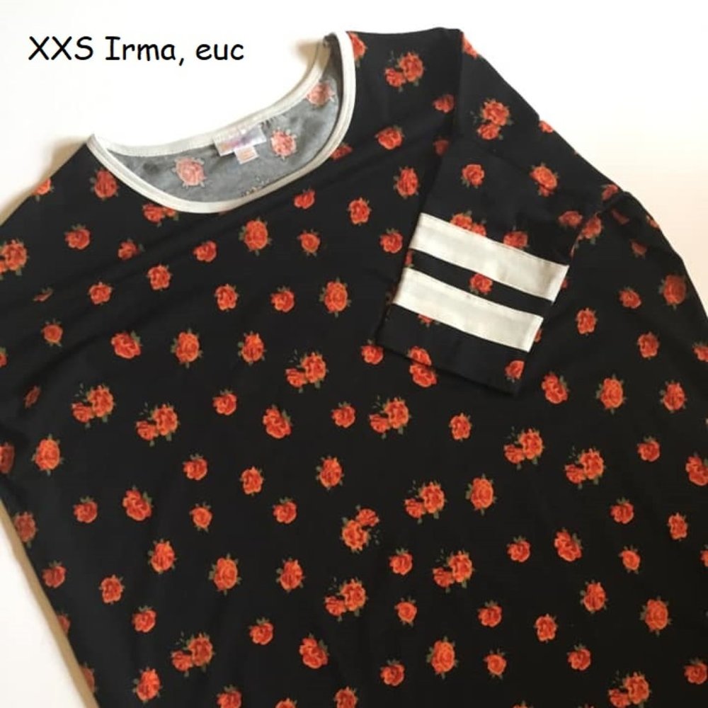 XXS Lularoe Irma oversized tunic, roses varsity